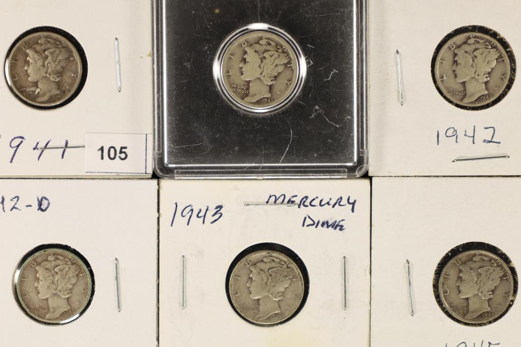 6 ASSORTED SILVER MERCURY DIMES: 1940'S (1 of 2)