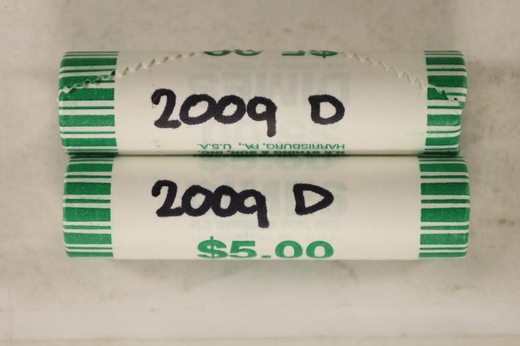 2-$5 SOLID DATE ROLLS OF 2009-D ROOSEVELT DIMES: BRILLIANT UNC