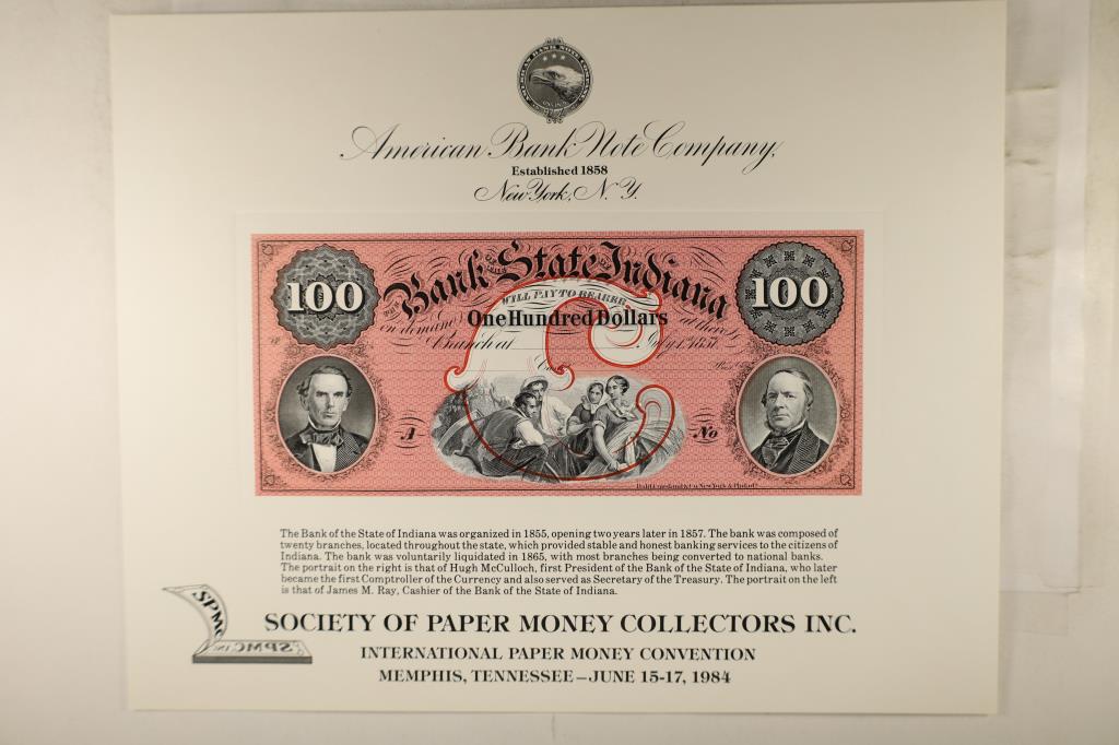 1984 SOCIETY OF PAPER MONEY COLLECTORS MEMPHIS: TENNESSEE SOUVENIR CARD FEATURING THE OBV. OF THE STATE BANK OF INDIANA 1857 $100 BILL, PRINTED BY THE BUREAU OF ENGRAVING AND PRINTING