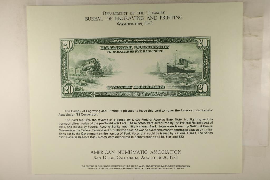 AMERICAN NUMISMATIC ASSOCIATION SAN DIEGO, CA: 1983 SOUVENIR CARD FEATURING THE REVERSE OF A 1915 $20 FRN PRINTED BY THE BUREAU OF ENGRAVING AND PRINTING
