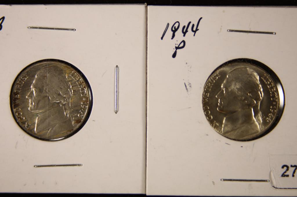 1943-P & 1944-P 35% SILVER JEFFERSON WAR NICKELS: BOTH BRILLIANT UNC