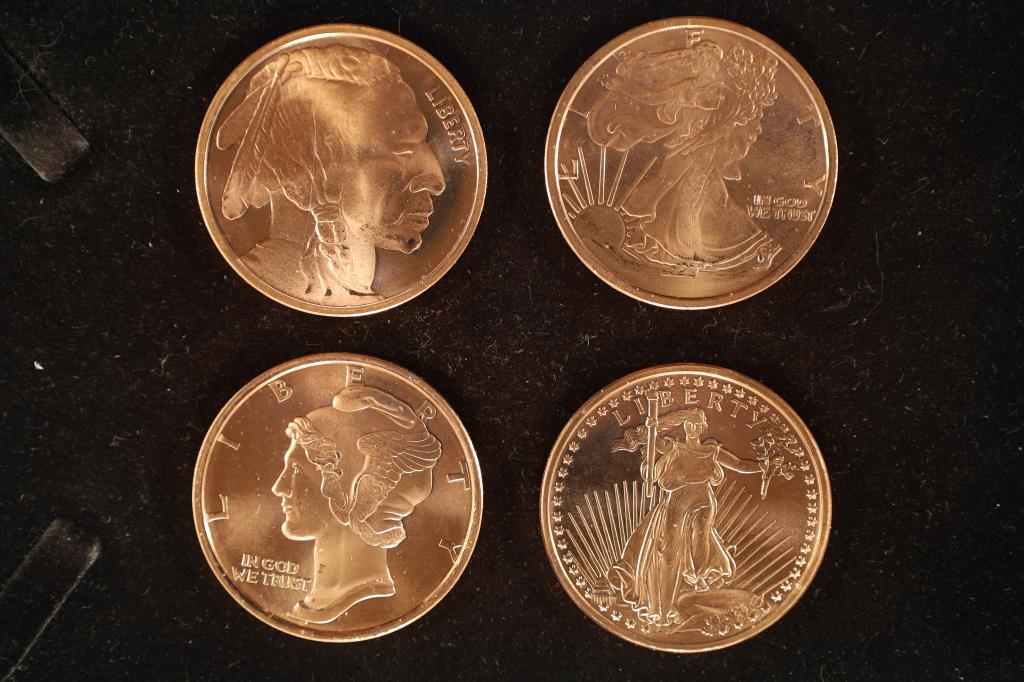 4-1 OZ. COPPER ROUNDS: INDIAN, WALKING LIB.,: MERCURY AND ST. GUADENS THE REVERSES ARE ALL SHIELD'S WITH USA