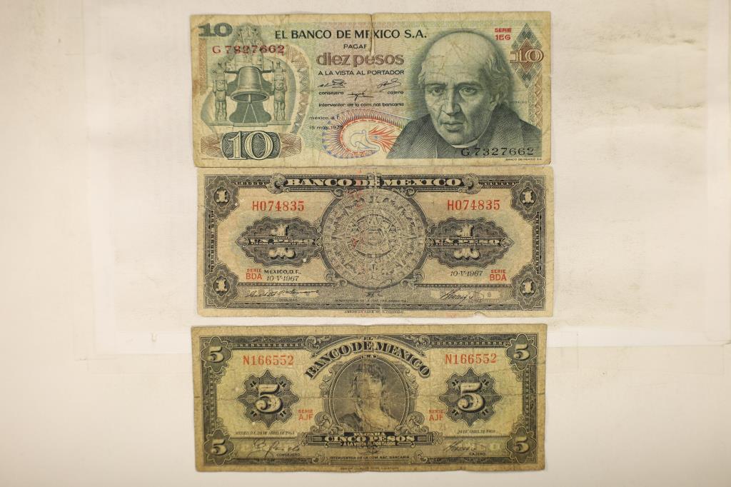 3-BANK OF MEXICO NOTES 1963 FIVE PESOS, 1967 ONE (1 of 2)