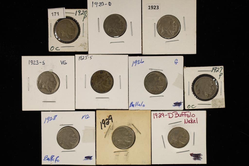 10 ASSORTED BUFFALO NICKELS: 1920-P-1929-D (1 of 2)