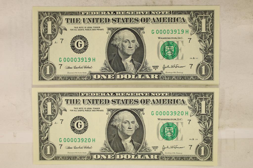 2-2003-A $1 FRN'S LOW CONSECUTIVE SERIAL 'S UNC: SERIAL NUMBERS ARE:G00003919H-G00003920H