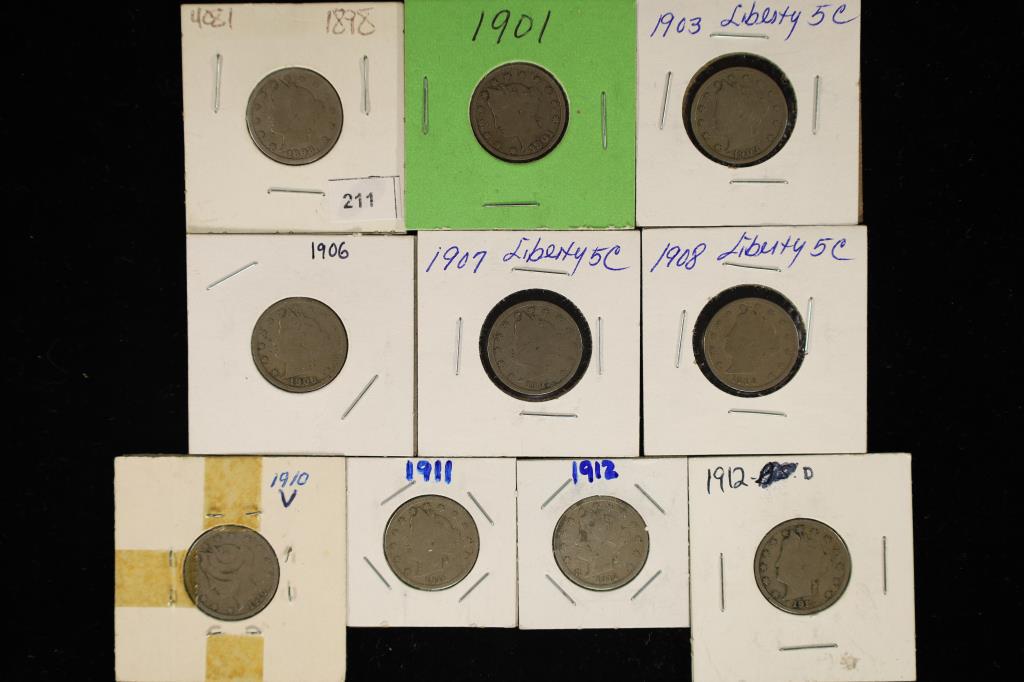10 ASSORTED LIBERTY "V" NICKELS: 1898-1912-D (1 of 2)