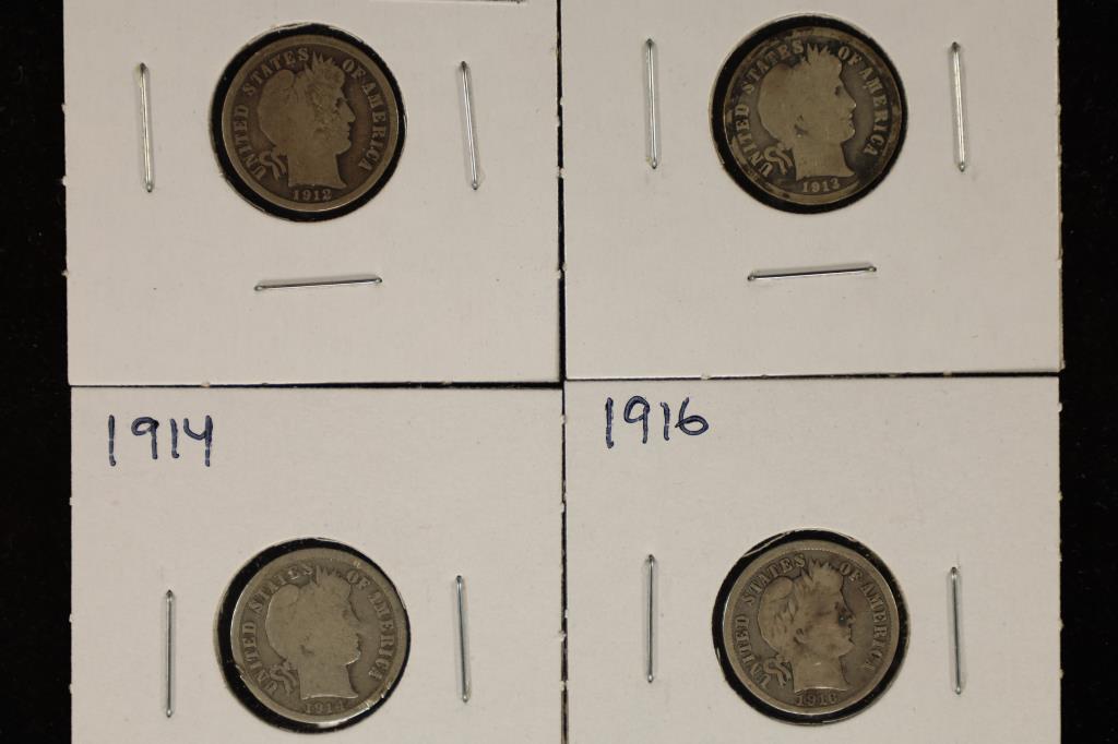 4 ASSORTED SILVER BARBER DIMES: 1912-1916 (1 of 2)