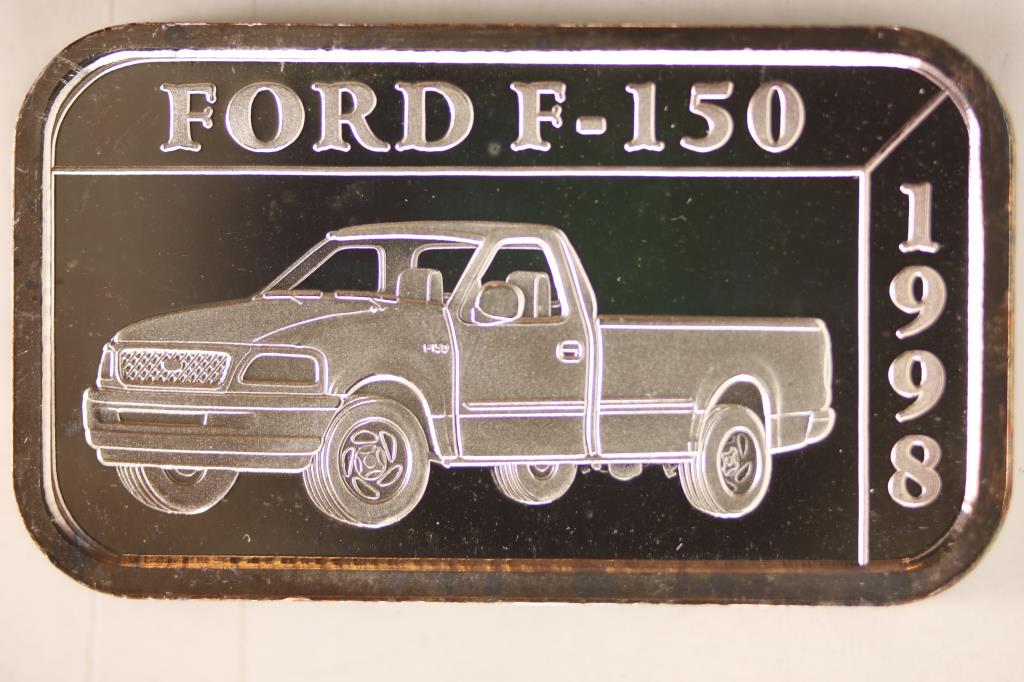 1 TROY OZ .999 FINE SILVER PROOF INGOT 1998 FORD: F150 ON REVERSE, 50 YEARS 1948-1998 ON REVERSE WITH TONING AROUND THE EDGES