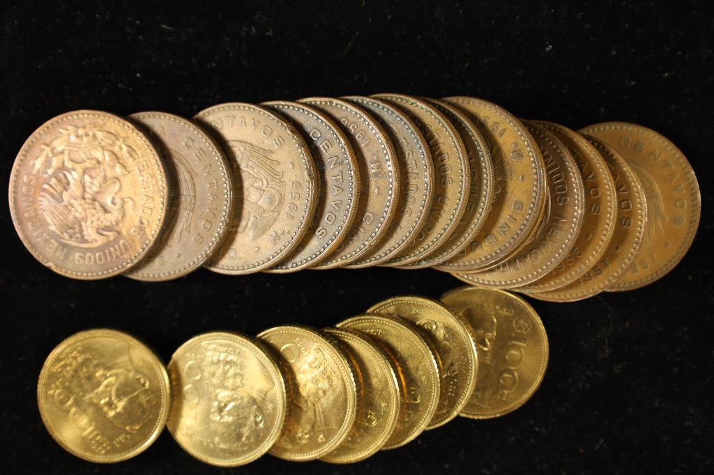 MIXED ROLL OF 21 MEXICAN COINS: 14-1955-56 FIFTY (1 of 1)