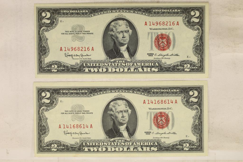 2-1963 $2 RED SEAL US NOTES, 1 CU AND 1 CRISP (1 of 2)