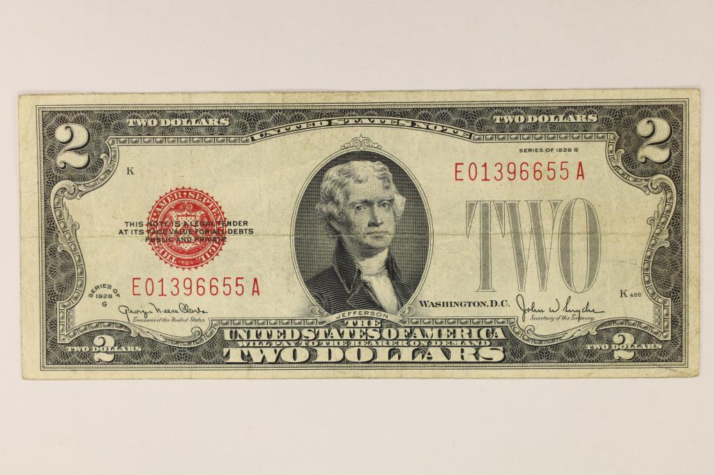 1928-G US $2 RED SEAL NOTE SMALL STAIN ON REV. (1 of 2)