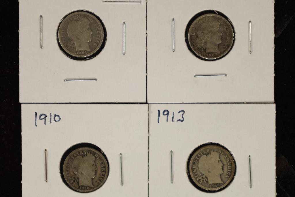 4 ASSORTED SILVER BARBER DIMES: 1901,07,10 & 1913 (1 of 2)