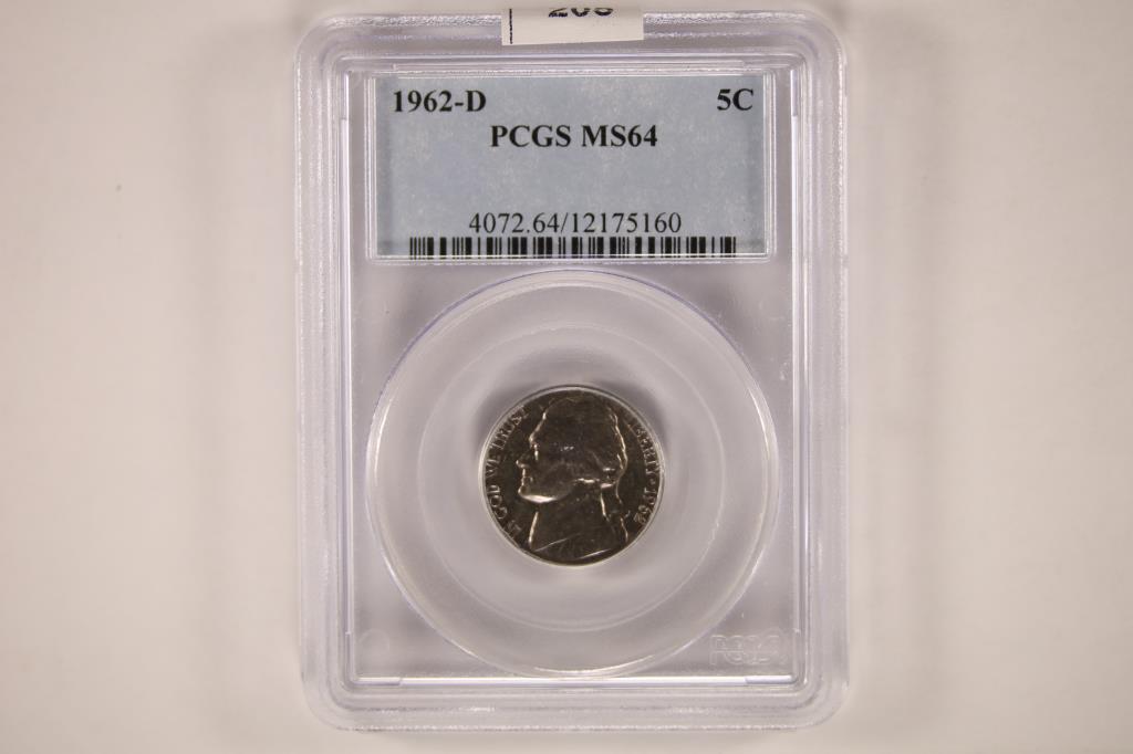 1962-D JEFFERSON NICKEL PCGS MS64: WATCH FOR OUR NEXT AUCTION ON MONDAY MAY 9TH, 2022 AT 7 PM EDT
