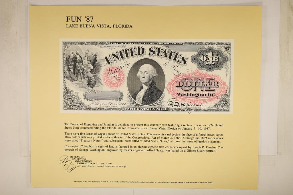 FUN '87 LAKE BUENA VISTA FLORIDA SOUVENIR CARD: FEATURING THE OBVERSE OF AN 1874 US $1 NOTE, PRINTED BY THE BUREAU OF ENGRAVING AND PRINTING