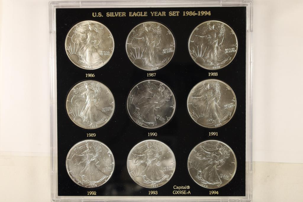 1986-1994 AMERICAN SILVER EAGLE 9 COIN SET BU'S (1 of 2)