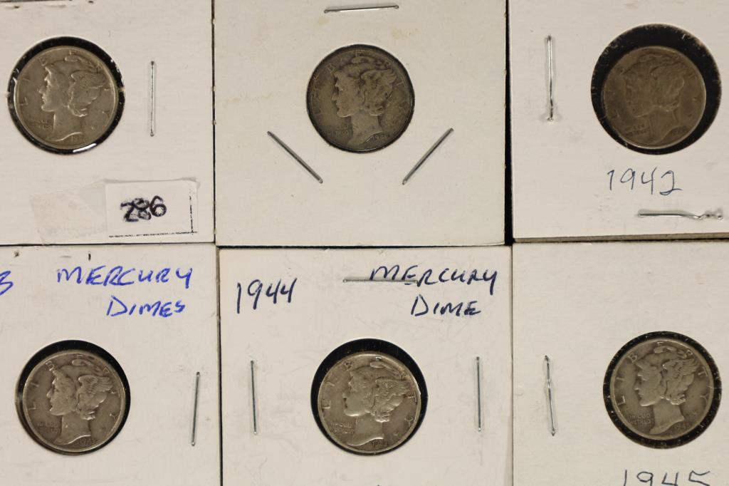 6 ASSORTED SILVER MERCURY DIMES: 1941, 41-D, 42, (1 of 2)