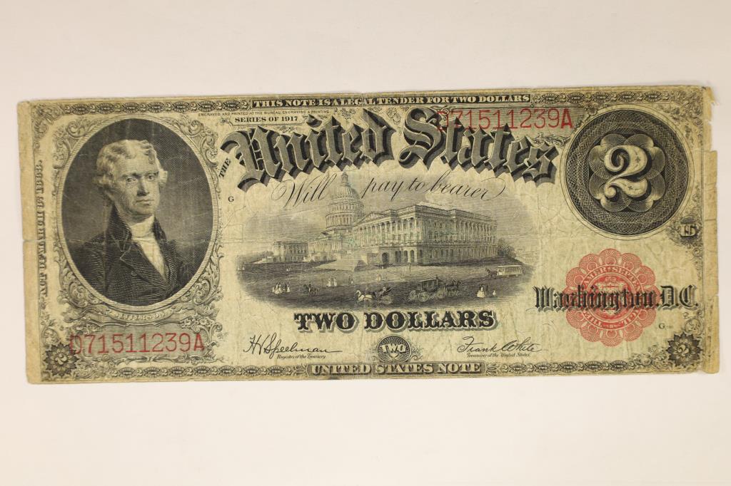 1917 US $2 LEGAL TENDER RED SEAL LARGE SIZE BILL (1 of 2)