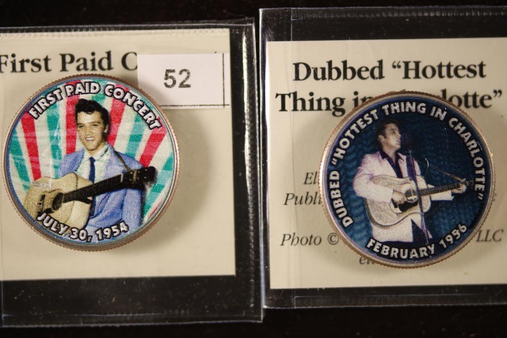 2-COLORIZED ELVIS PRESLEY COINS ON KENNEDY HALF: DOLLARS, "1ST PAID CONCERT" AND DUBBED "HOTTEST THING IN CHARLOTTE"
