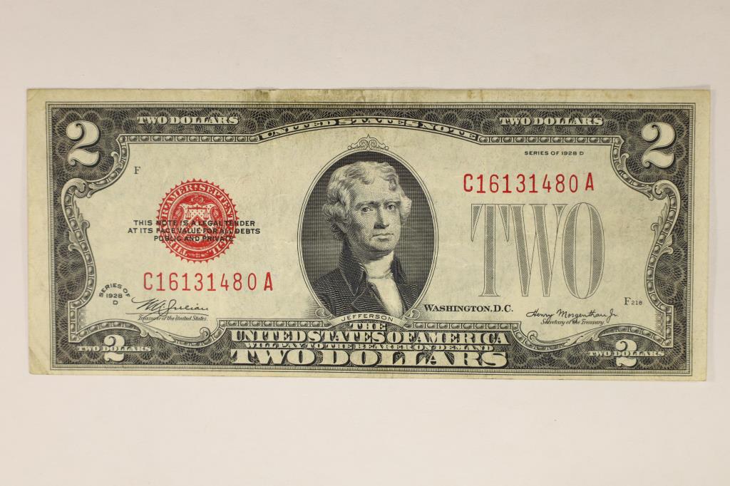 1928-D US $2 RED SEAL NOTE CRISP WITH SOME STAINS (1 of 2)