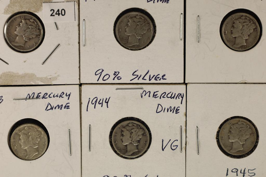 6 ASSORTED SILVER MERCURY DIMES: 1939, 1941, 1942, (1 of 2)