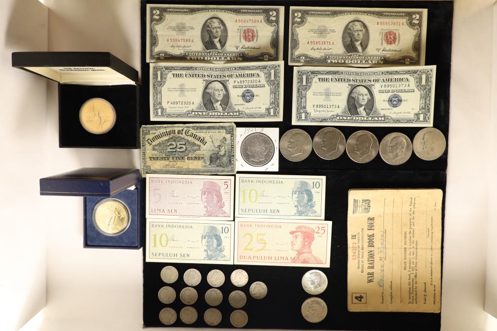 NICE SIZE DEALER LOT OF CURRENCY, COINS ETC... (1 of 2)