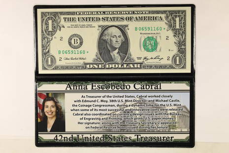 2006 $1 FRN STAR NOTE SIGNED BY ANNA ESCOBEDO: CABRAL, THE 42ND US TREASURER, CRISP UNC IN BLACK FOLIO