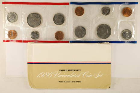 1986 US MINT SET (UNC) P/D (WITH ENVELOPE): SOME DISCOLORATION ETC... INSIDE PLASTIC FILM