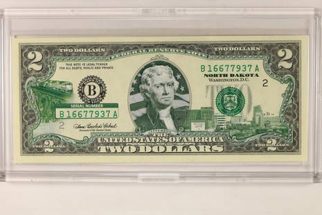 2003-A $2 FRN NORTH DAKOTA OVERLAY CRISP UNC: IN HARD PLASTIC CASE