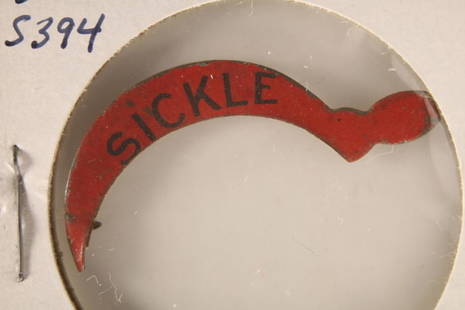 VINTAGE METAL TOBACCO TAG COLORIZED "SICKLE": WATCH FOR OUR NEXT AUCTION ON MON. MAY 23RD, 2022 AT 7 PM EDT