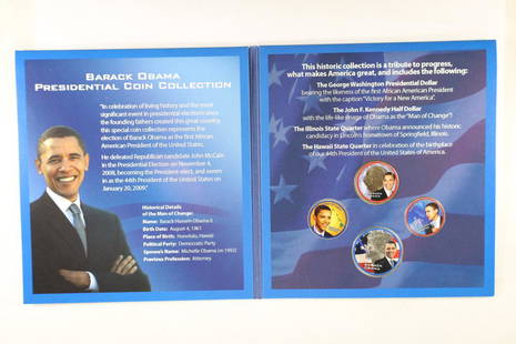 BARACK OBAMA PRESIDENTIAL COIN COLLECTION WITH:: COLORIZED GEORGE WASHINGTON DOLLAR, COLORIZED KENNEDY HALF DOLLAR, COLORIZED ILLINOIS STATE QUARTER AND COLORIZED HAWAII STATE QUARTER. ALL UNC IN NICE BLUE FOLIO ALBUM