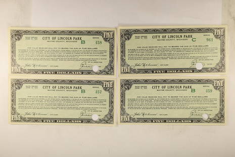 4-1934 CITY OF LINCOLN PARK WAYNE COUNTY MICHIGAN: CITY TAX BOND ALL CRISP UNC AND CANCELLED, NEAT PIECES FROM THE DEPRESSION. SOME CALL THEM DEPRESSION SCRIPTS. ONE HAS A SMALL TEAR ON THE TOP EDGE