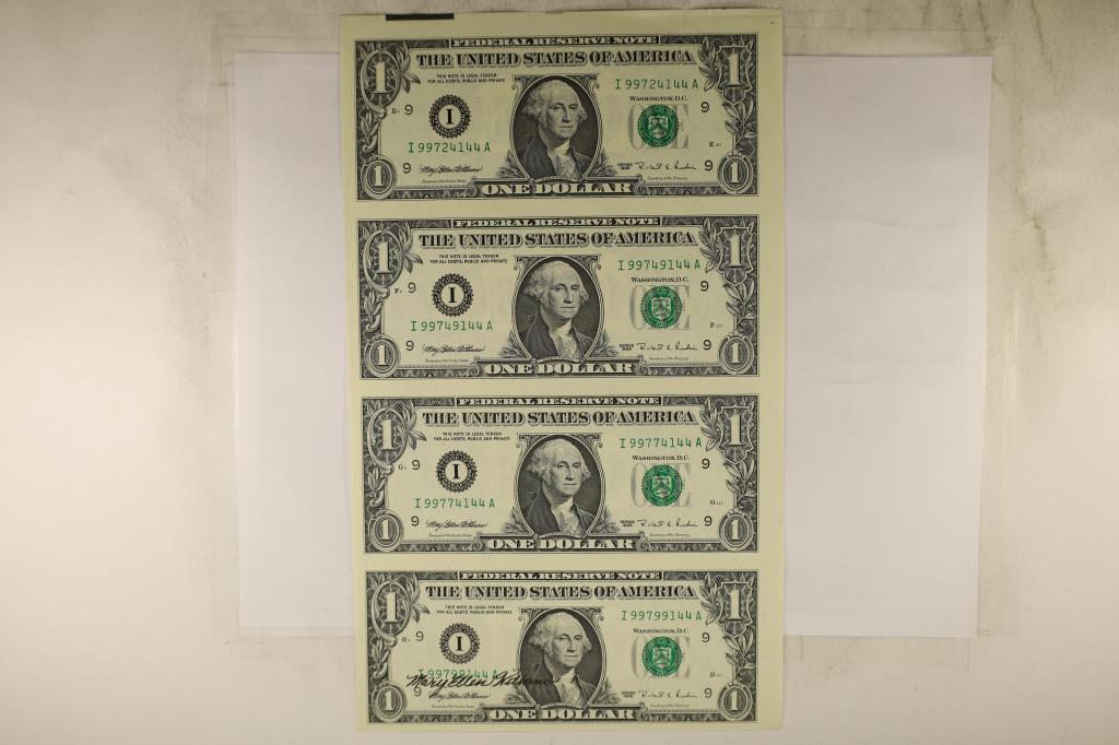 UNCUT SHEET OF 4-1995-$1 FRN'S CRISP UNC SIGNED: BY THE TREASURER MARY ELLEN WITHROW, APPEARS SOMEWHAT MISSCUT ON TOP AND RIGHT HAND EDGE. SIGNATURE APPEARS ON THE BOTTOM BILL ONLY