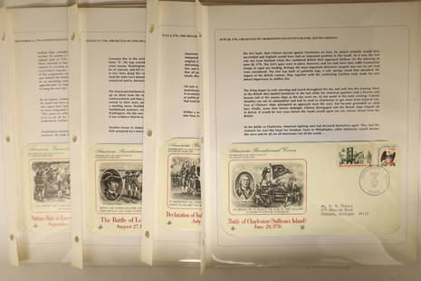 4 ASSORTED 1ST DAY COVERS ON 3 RING BINDER INFO: SHEETS IN PLASTIC SLEEVES: 1976 BATTLE OF CHARLESTON, 1976 DECLARATION OF INDEPENDENCE SIGNED, 1976 THE BATTLE OF LONG ISLAND AND 1976 NATHAN HALE EXECUTED FOR SPYING