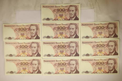 10 BANK OF POLAND 100 ZLOTYCH CRISP UNC BILLS WITH: CONSECUTIVE SERIAL NUMBERS FROM 1988