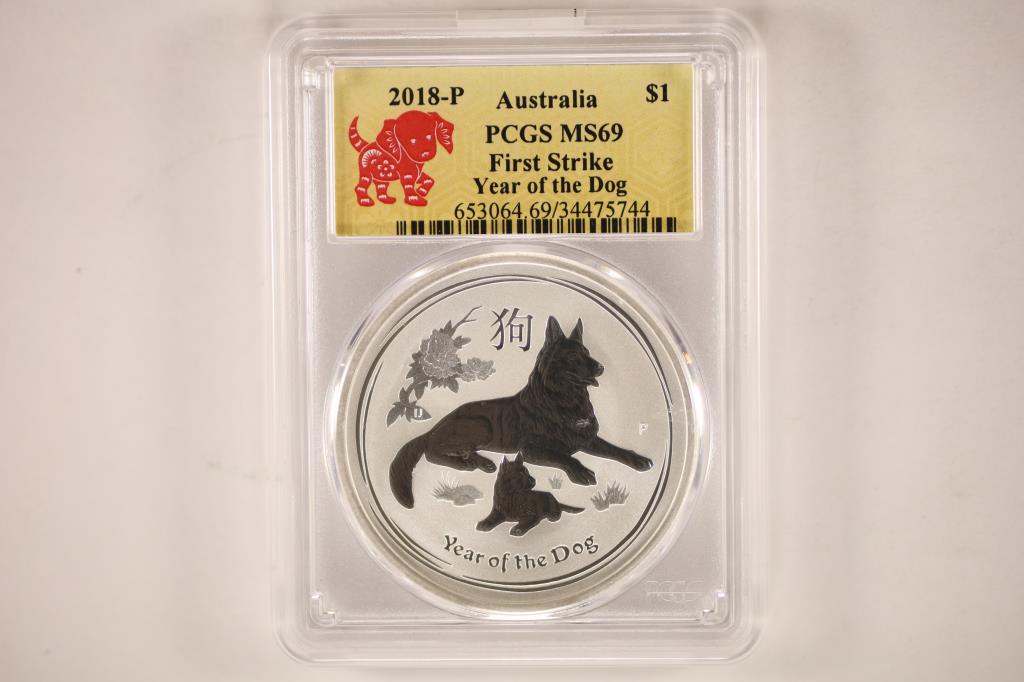 2018-P AUSTRALIA $1 YEAR OF THE DOG PCGS MS69: FIRST STRIKE, 1 OZ. 9999 SILVER