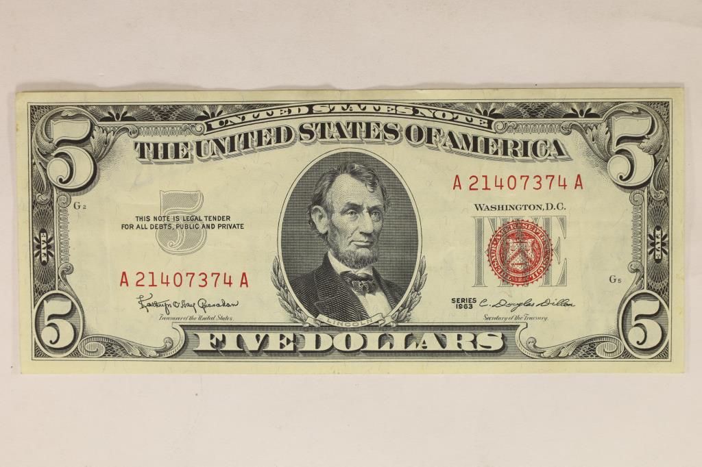1963 US RED SEAL $5 NOTE CRISP (1 of 2)