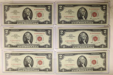 6-1963 US RED SEAL $2 NOTES: CRISP UNC WITH