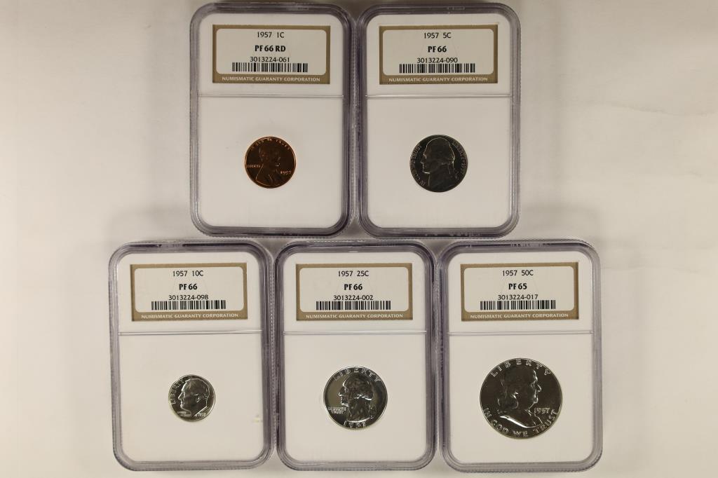 1957 5 COIN PROOF SET ALL NGC: LINCOLN CENT PF66, (1 of 2)