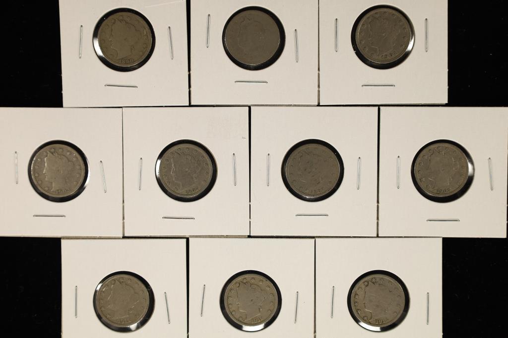 10 ASSORTED LIBERTY "V" NICKELS: 1890, 1892, 1901, (1 of 2)