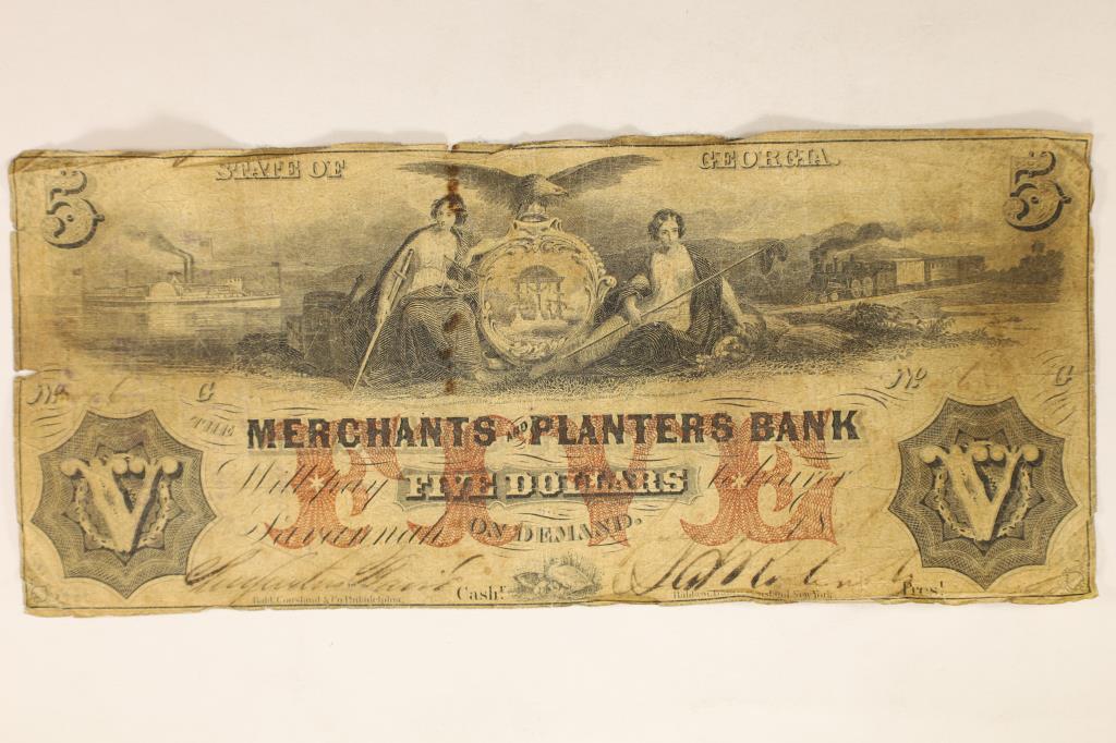 1800'S STATE OF GEORGIA $5 MERCHANT & PLANTERS: BANK OBSOLETE NOTE, HAND SIGNED AND NUMBERED WITH STAMP ON REVERSE SAYING A SOUVENIR ANTE BELLUM DAYS BRIGGS-RIBLET TRANSFER COMPANY CLEVELAND, OHIO