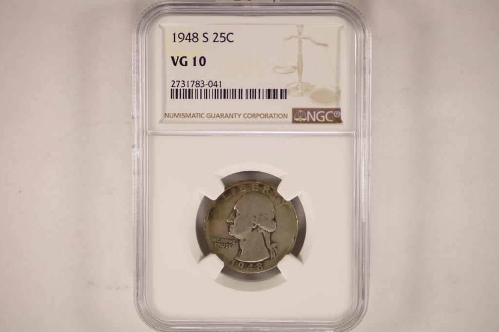 1948-S WASHINGTON QUARTER NGC VERY GOOD 10: WATCH FOR OUR NEXT AUCTION ON MONDAY JUNE 6TH, 2022 AT 7 PM EDT