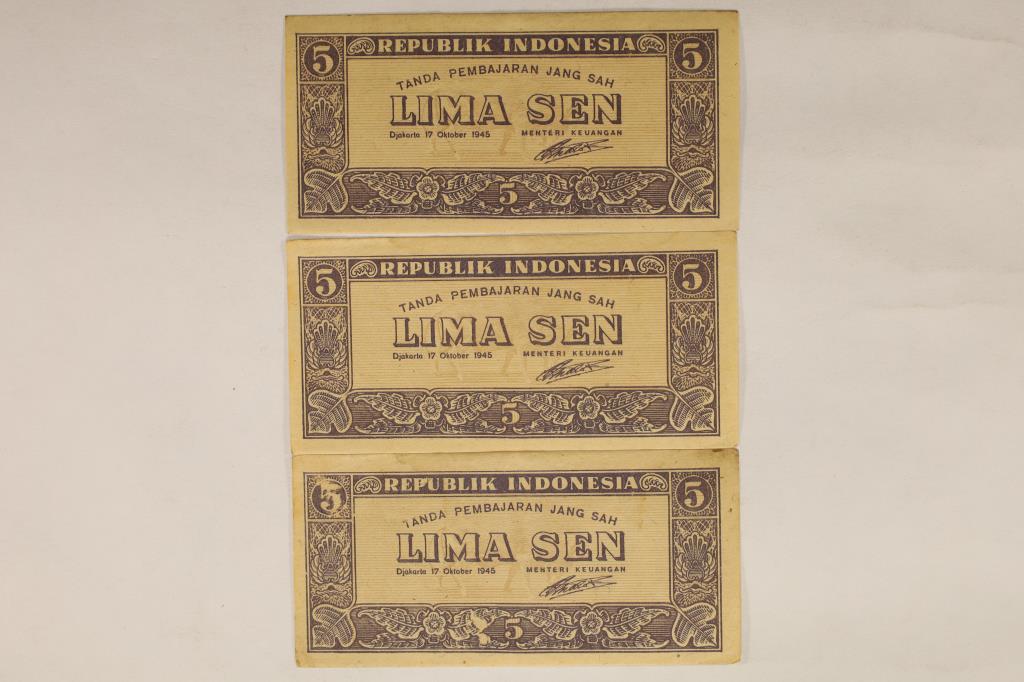 3-1945 REPUBLIC OF INDONESIA 5 SEN NOTES CRISP: WATCH FOR OUR NEXT AUCTION ON MONDAY JUNE 6TH, 2022 AT 7 PM EDT