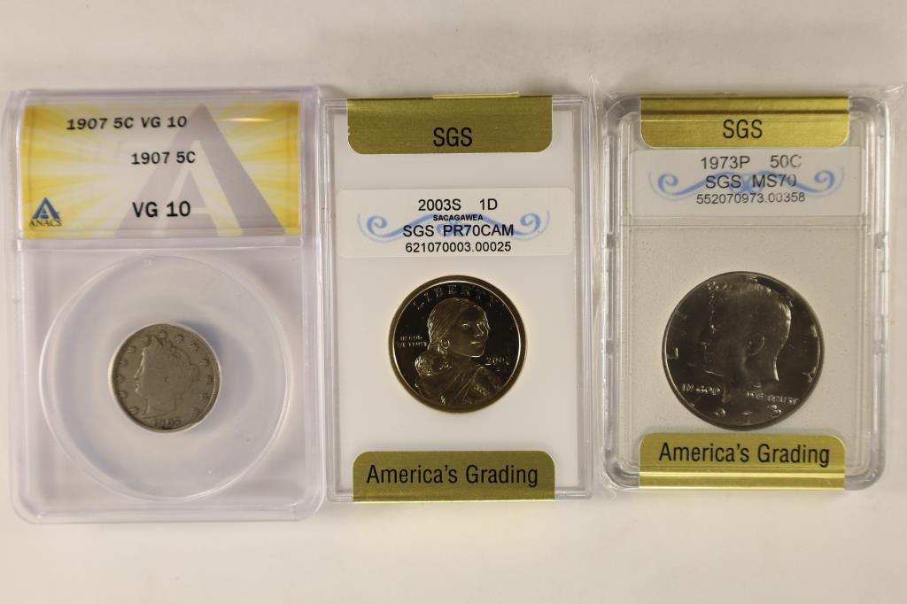 3 ASSORTED COINS: 1907 LIBERTY "V" NICKEL ANACS VG (1 of 2)