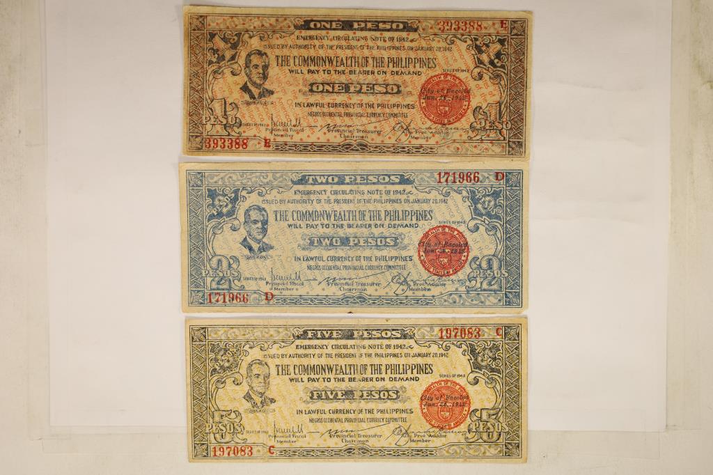3-1942 COMMONWEALTH OF THE PHILIPPINES EMERGENCY: CURRENCY: 1 PESO, 2 PESO AND 5 PESO