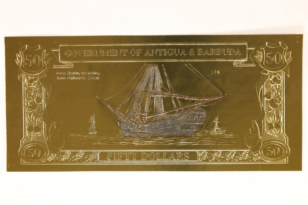 1981 GOVERNMENT OF ANTIGUA & BARBUDA $50 GOLD FOIL: NOTE WITH SILVERED SAILING SHIP (ANNE BONNY BOARDING JOHN HALMAN'S SLOOP)
