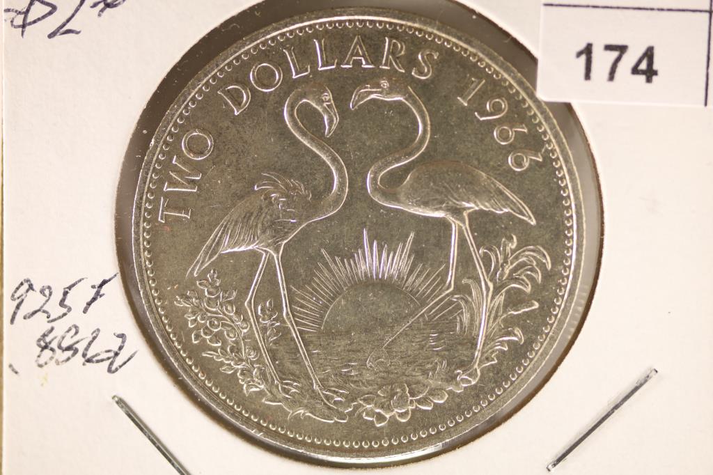 1966 SILVER BAHAMA $2 UNC .8862 OZ. ASW: WATCH FOR OUR NEXT AUCTION ON MONDAY JUNE 6TH, 2022 AT 7 PM EDT