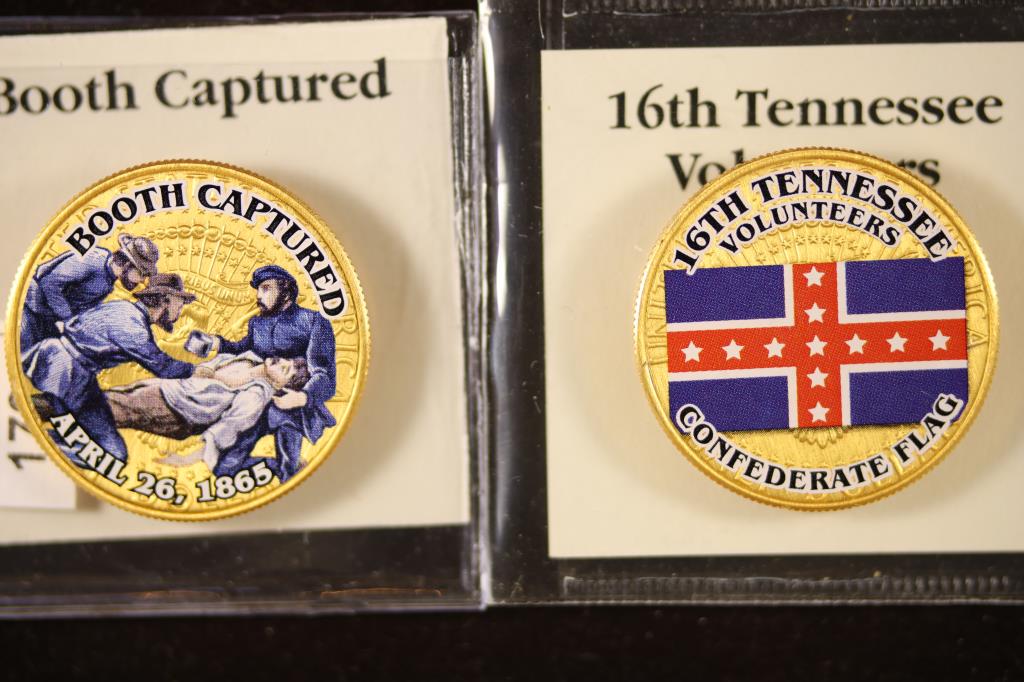 2-GOLD PLATED CIVIL WAR THEMED KENNEDY HALVES: BOOTH CAPTURED AND "16TH TENNESSEE VOLUNTEERS" CONFEDERATE FLAG