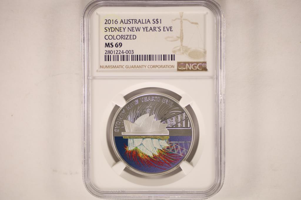 2016 AUSTRALIA SILVER $1 NGC MS69 SYDNEY NEW YEARS: EVE, COLORIZED