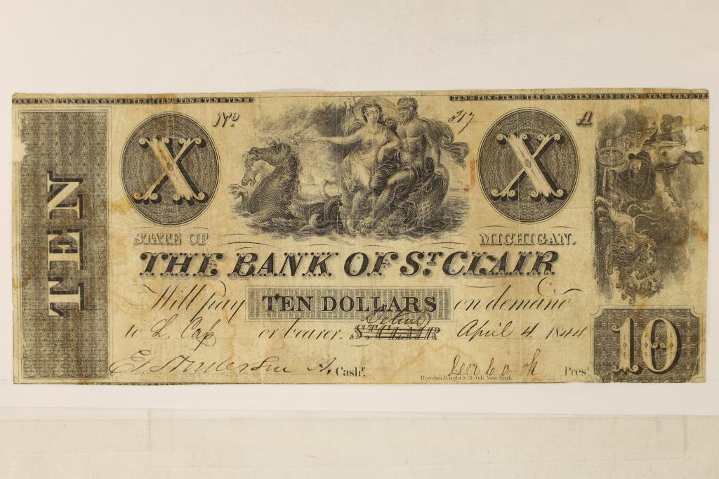 1844 BANK OF ST. CLAIR MICHIGAN $10 OBSOLETE BANK (1 of 2)
