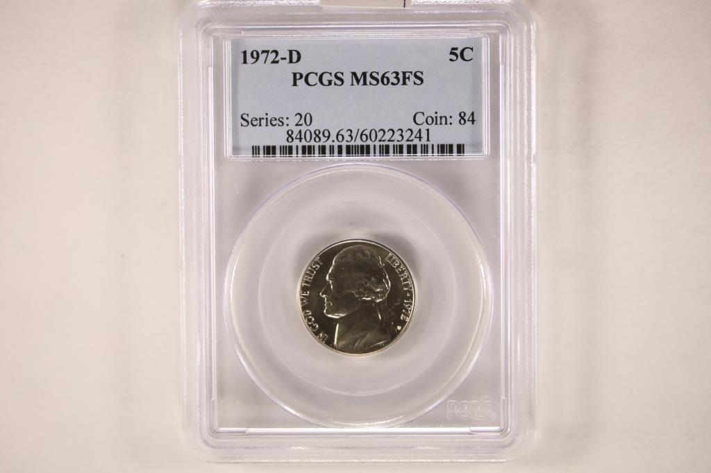1972-D JEFFERSON NICKEL PCGS MS63FS: WATCH FOR OUR NEXT AUCTION ON MONDAY JUNE 6TH, 2022 AT 7 PM EDT
